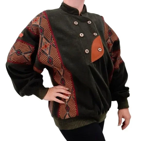 VTG 80s Sondre Poland Swix Sport Green Wool Blend Winter Skiing Sweater Buttons - Picture 2 of 12